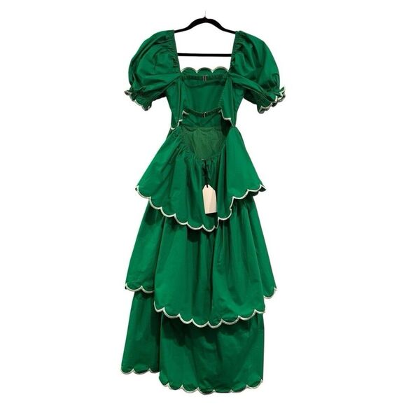 English Factory Scallop Tiered Green Dress Size XS Puff Sleeve Open Back Midi - Picture 2 of 12